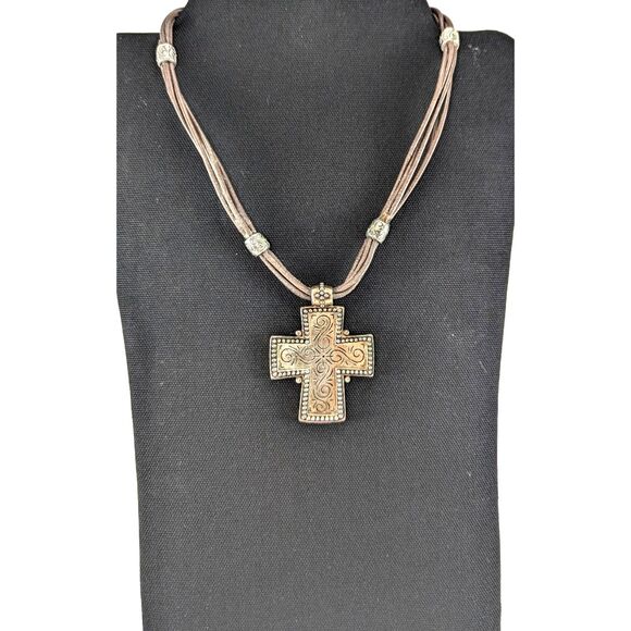 Etched Block Cross on Suede Cord Necklace - Picture 1 of 15